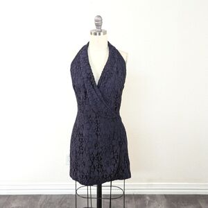 Vintage Tootsie Lace Halter Backless Micro Mini Dress Navy Blue 4 cocktail party